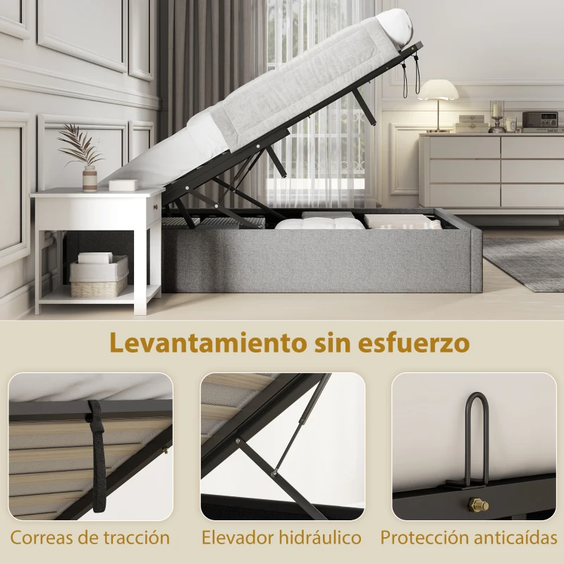 HOMCOM Cama Matrimonial con Almacenamiento Hidráulico 190x140 cm Cama Canapé Estructura de Cama con Somier Tapizada Lino Gris