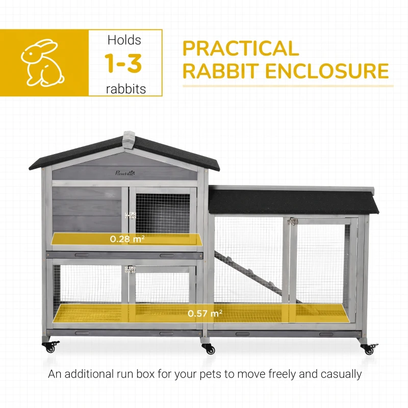 PawHut Wooden Rabbit Hutch, Guinea Pig Cage, with Wheels, Run, Slide-Out Tray, Ramp