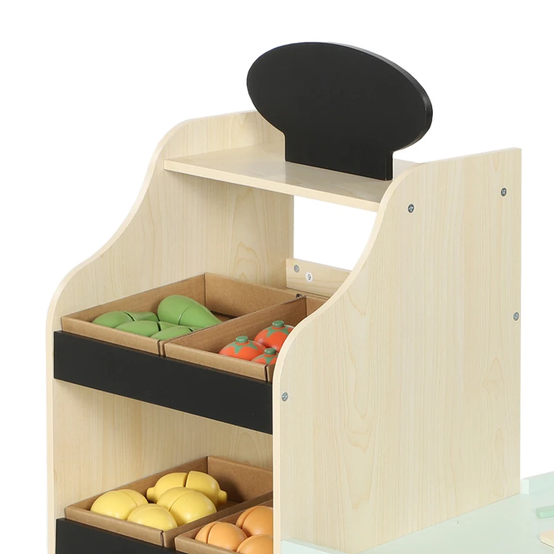 AIYAPLAY Marchande Enfants en Bois, Caisse Enregistreuse, Aliments Factices, Tableau Noir et 44 Accessoires, pour 3 à 6 Ans