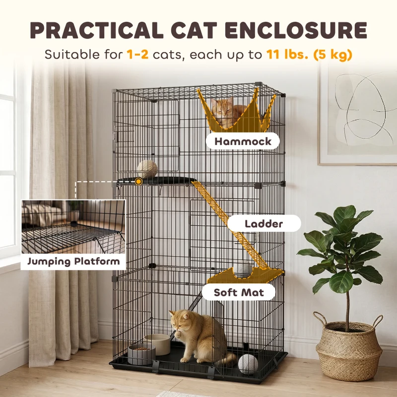 PawHut 3-Tier Large Cat Cage Indoor, Detachable Metal Wire Kennel with Hammock, Platforms, Tray and Cushions for 1-2 Kittens