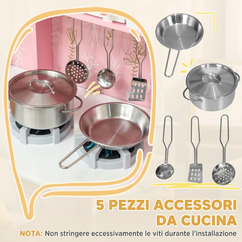 AIYAPLAY Cucina Giocattolo per Bambini con Fornelli, Luci e Suoni, Forno, Microonde, Rubinetto, 3+ Anni, Rosa