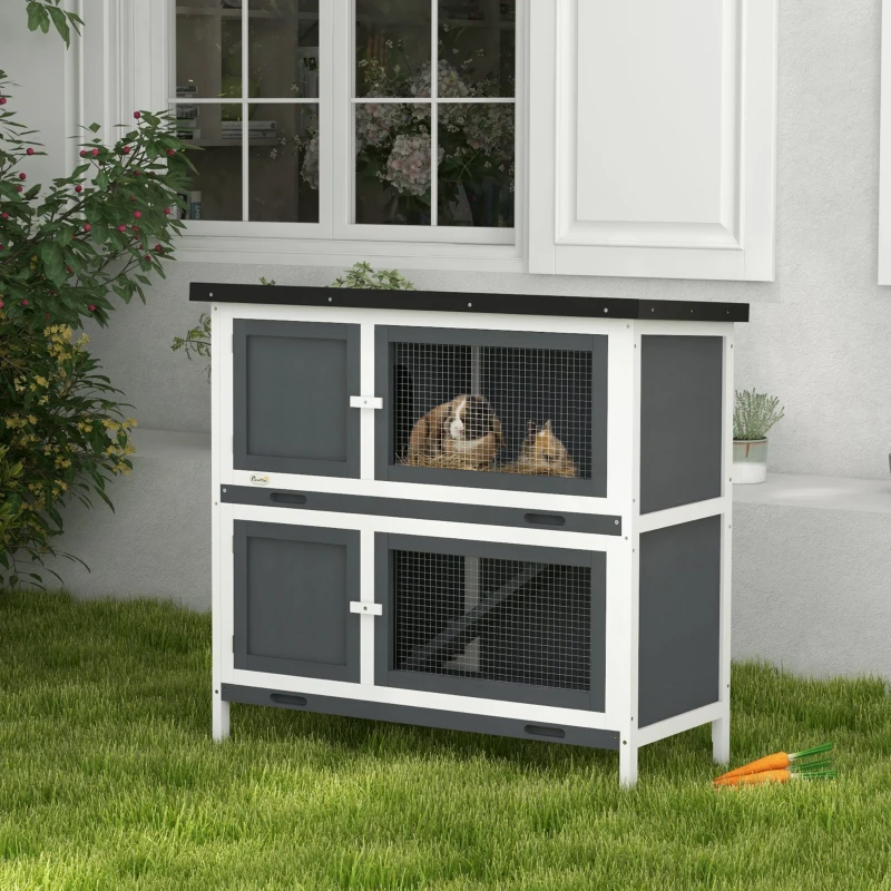 PawHut Double Decker Rabbit Hutch 2 Tier Guinea Pig House Pet Cage Outdoor with Sliding-out Tray, 100 x 47 x 91cm, Grey