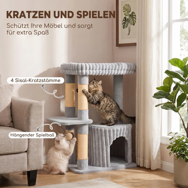 PawHut Katzenbaum, 93 cm 3 stufiger Kratzbaum mit Sisal-Kratzstämmen, Kuschelhöhle, großer Liegefläche, Plattform, bis 6 kg