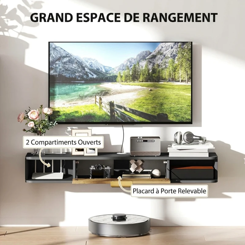 HOMCOM Meuble TV Suspendu avec Compartiments Ouverts, Porte Rabattable et Passe-Câbles, 120 x 24 x 16 cm, Gris Foncé