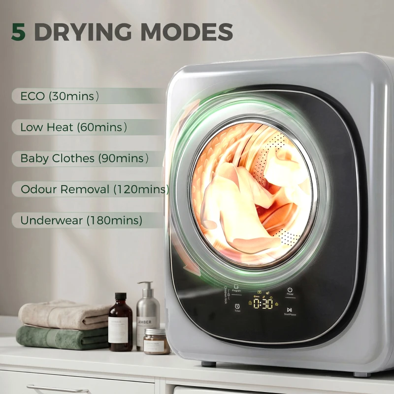 HOMCOM 4kg Vented Tumble Dryer with 5 Drying Mode, 800W Compact Freestanding Front Tumble Dryer, Silver