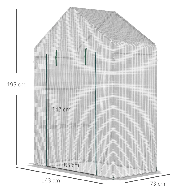 Outsunny Serre de Jardin PE avec Étagères 2 Niveaux, Bâche Renforcée 140 g/m², Porte Zippée Enroulable, 143x73x195cm, Blanc