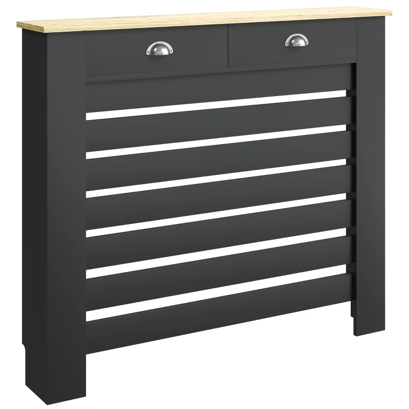 HOMCOM Couvercle de Radiateur, Cache-Radiateur, Grille à Lattes Horizontales avec 2 Tiroirs en Bois, 111 x 19 x 95,5 cm, Noir