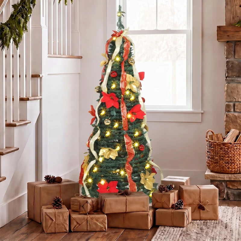 HOMCOM Árbol de Navidad Desplegable 150 cm con 70 Luces LED 11 Modos Mando a Distancia y Decoración Incluida Verde