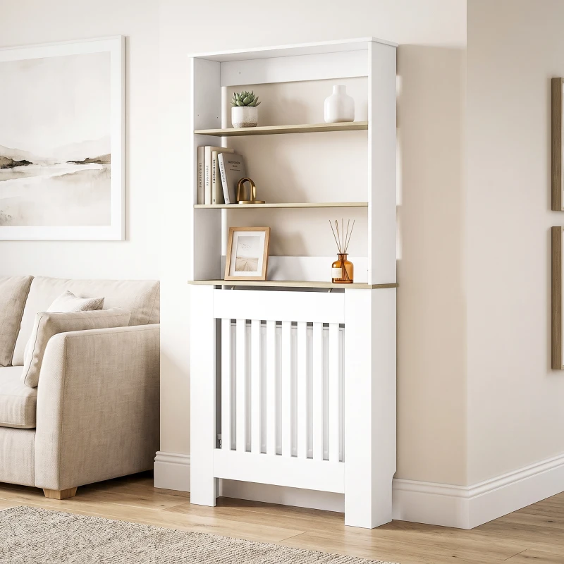 HOMCOM Mască pentru calorifer cu lamele și 3 polițe, acoperire modernă din MDF pentru living, 78x19x165 cm, alb