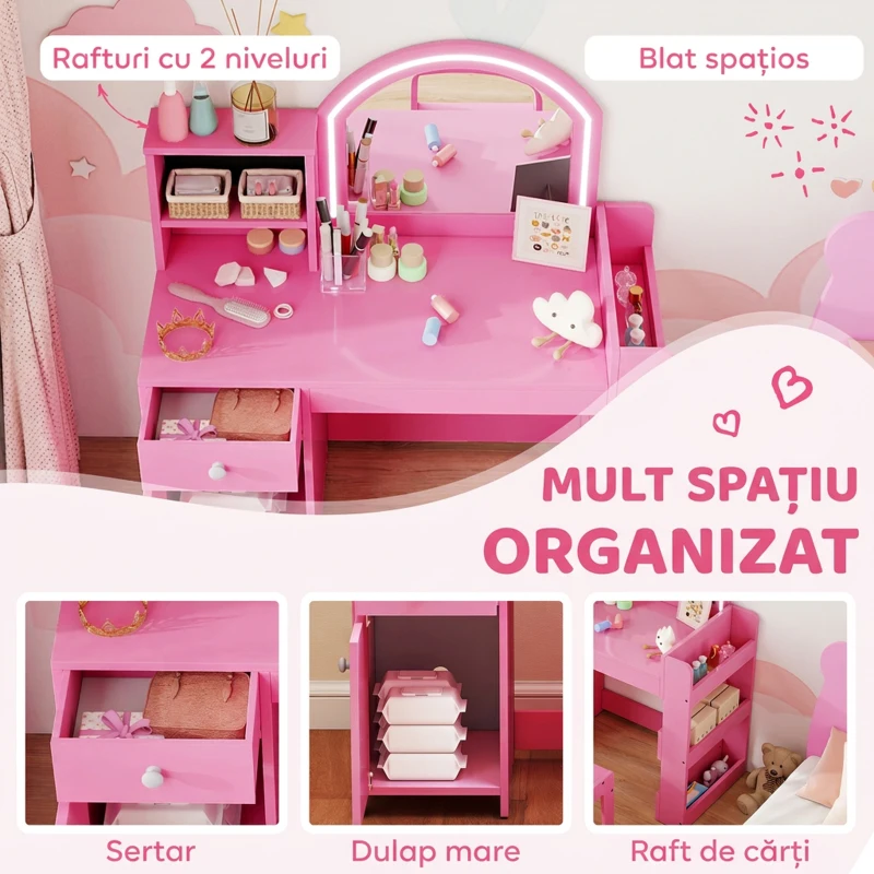 AIYAPLAY Set Măsuță de Machiaj pentru Copii 3-8 Ani 2 în 1 cu Oglindă și Scaun, Roz