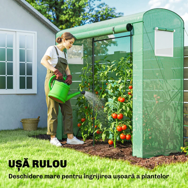 Outsunny Seră de balcon cu ușă rulabilă și 2 ferestre din plasă, seră pentru legume cu structură din oțel și husă PE, 200x75x188 cm, verde