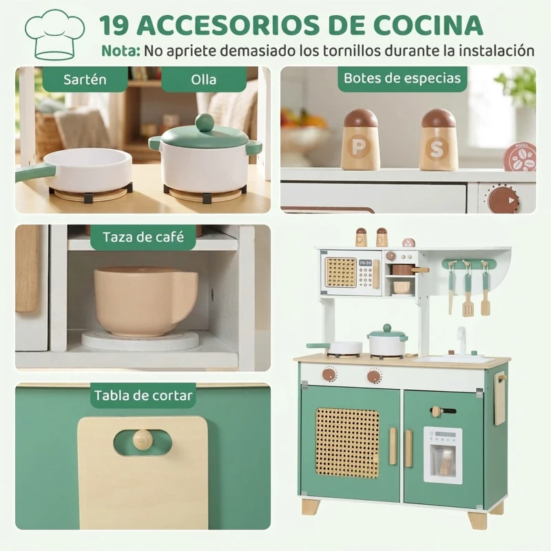 AIYAPLAY Cocina de Juguete de Madera con Cafetera Máquina de Hielo 19 Accesorios Microondas Almacenaje 3-6 Años Verde