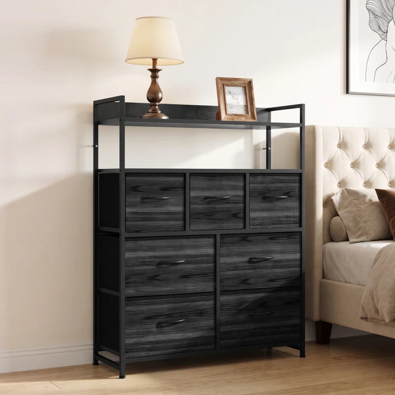 HOMCOM Chest of Drawers, Bedroom Fabric Dresser with 7 Drawers, Storage Organiser Unit with Open Shelves, Black Wood-Effect
