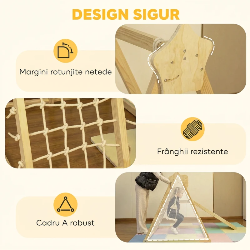 AIYAPLAY Set de Cățărare 5 în 1 Pliabil cu Tobogan, 2 Panouri, Leagăn și Coș, din Lemn, 140x172,5x116,5 cm