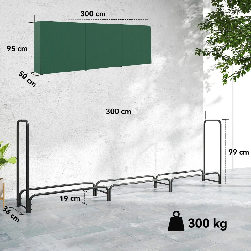 Outsunny Leñero con Cubierta Estante para Interior y Exterior Carga 300kg 300x36x99 cm Verde Oscuro y Negro