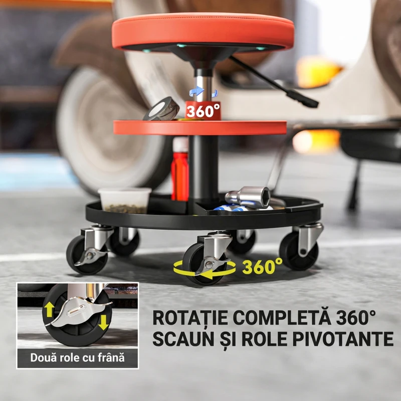 HOMCOM Taburet de Atelier cu Roți Ø6 cm, Capacitate până la 135 kg, Înălțime Reglabilă 40-51 cm, cu Tăvi pentru Unelte, Portocaliu