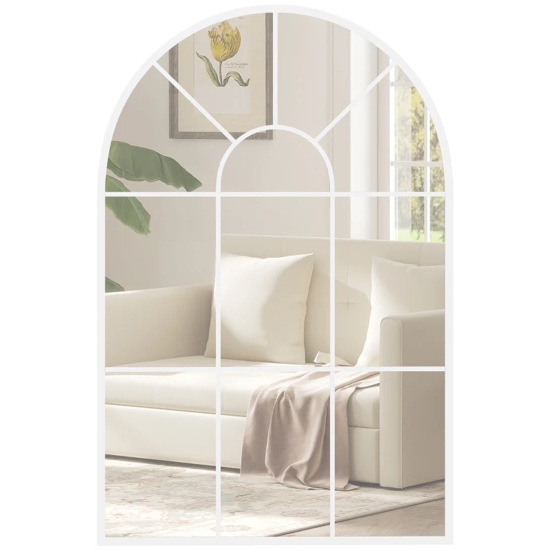 HOMCOM Miroir Mural Arqué 91 x 60 cm, Miroir Verrière Arche Style Industriel, Cadre Métallique, pour Salon, Chambre, Blanc