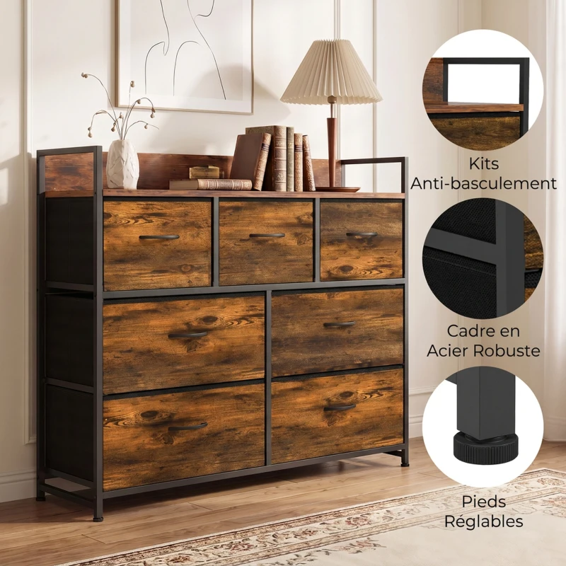 HOMCOM Commode 7 Tiroirs en Tissu Pliables, Commode Chambre Adulte avec Plateau Supérieur et Cadre en Acier, Brun Rustique