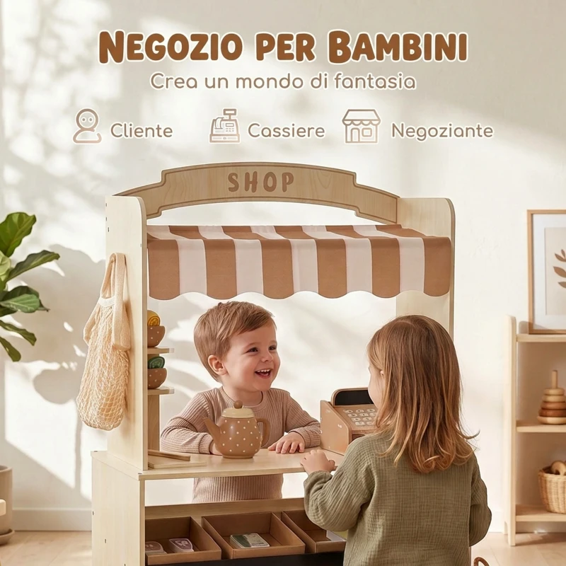AIYAPLAY Negozio Giocattolo per Bambini in Legno, Bancarella con Alimenti, Lavagna, 61 Accessori, 3-8 Anni, Color Legno