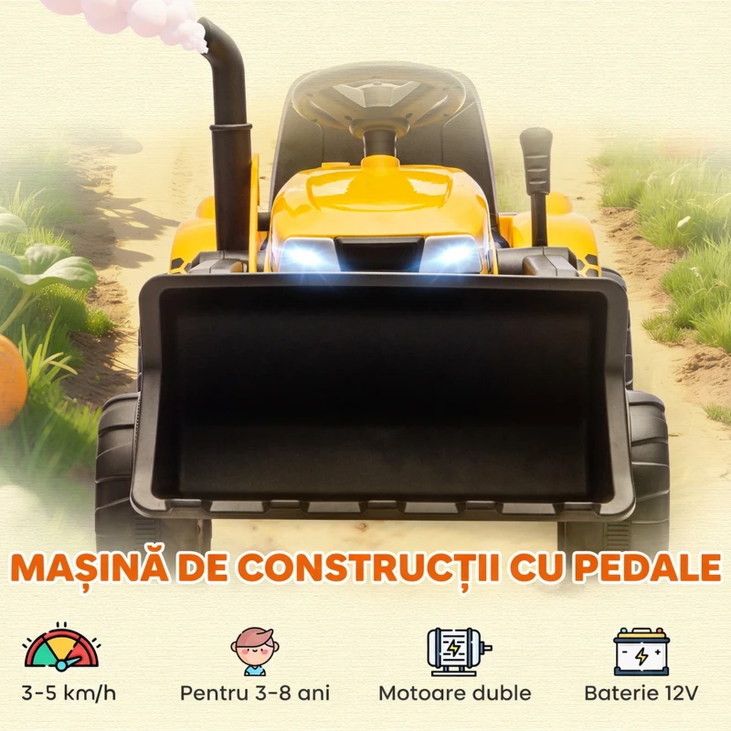 AIYAPLAY Excavator Electric pentru Copii 12V cu Cupă, Remorcă și Telecomandă, Vârsta 3-8 Ani, Galben