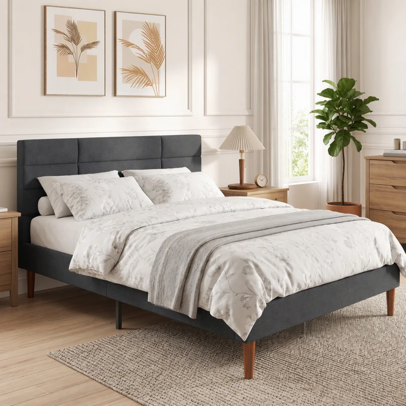HOMCOM Cadre de Lit 140 x 200 cm avec Sommier Bois, Lit Double Rembourré en Effet Lin, Rangement au-dessous, Sans Bruit, Gris