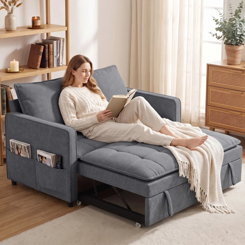 HOMCOM Canapé Convertible 2 Places, Canapé-Lit Clic-Clac 130 cm, Dossier Réglable, Poches Latérales, Gris Foncé