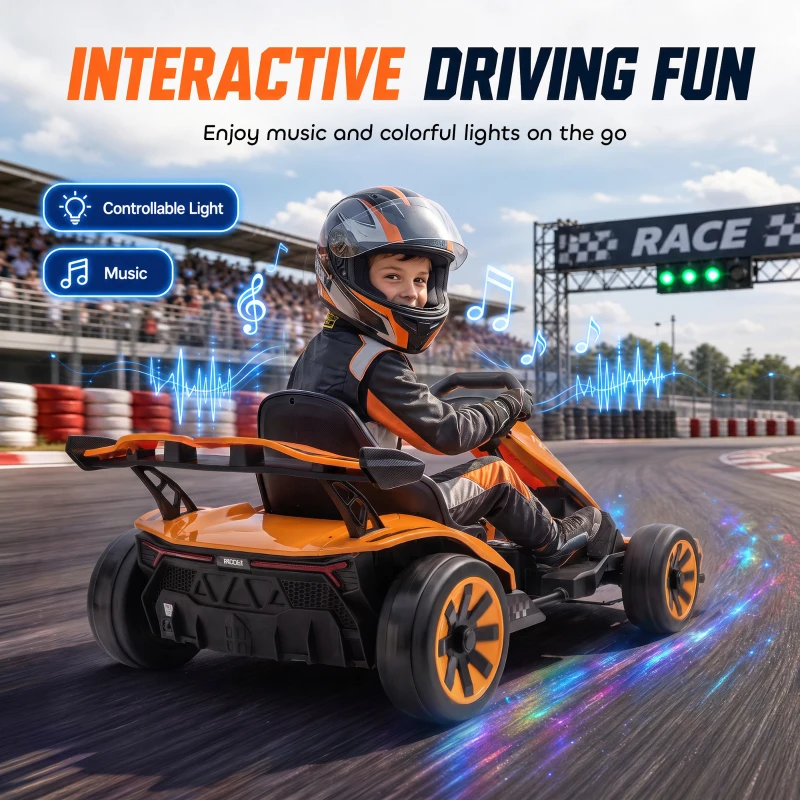 AIYAPLAY Kart Électrique pour Enfants 12 V, Go Kart, 2 Moteurs, Siège Réglable, Batterie au Lithium, Démarrage Progressif, Orange