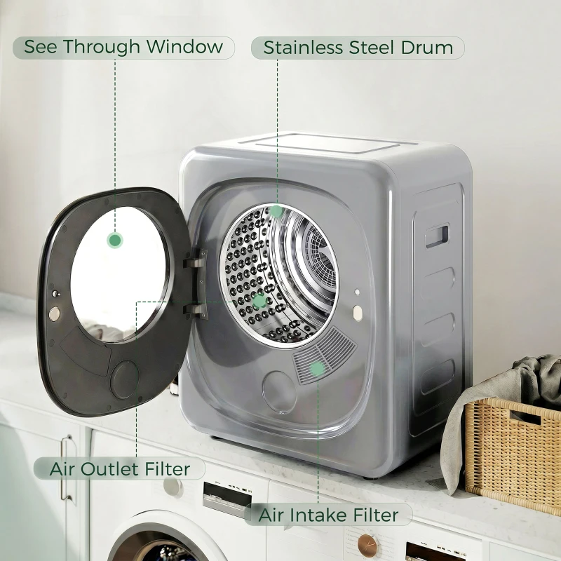 HOMCOM 4kg Vented Tumble Dryer with 5 Drying Mode, 800W Compact Freestanding Front Tumble Dryer, Silver