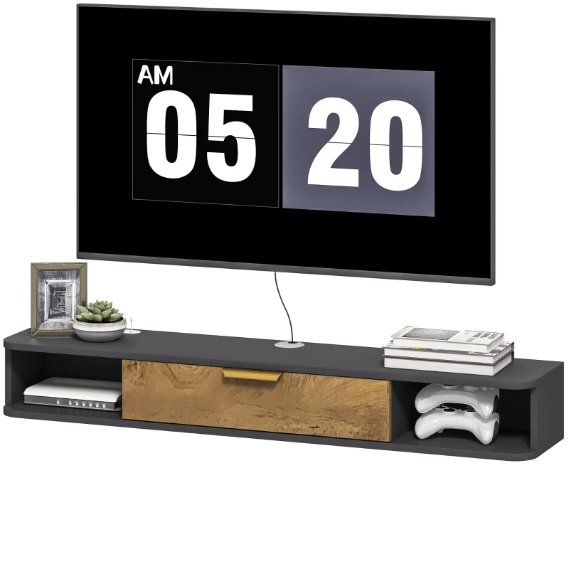 HOMCOM Meuble TV Suspendu avec Compartiments Ouverts, Porte Rabattable et Passe-Câbles, 120 x 24 x 16 cm, Gris Foncé