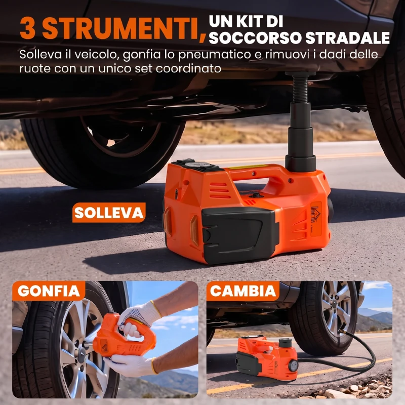 HOMCOM Kit Martinetto Elettrico Auto 5T con Chiave a Impulsi, Idraulico 143-450 mm, Arancione