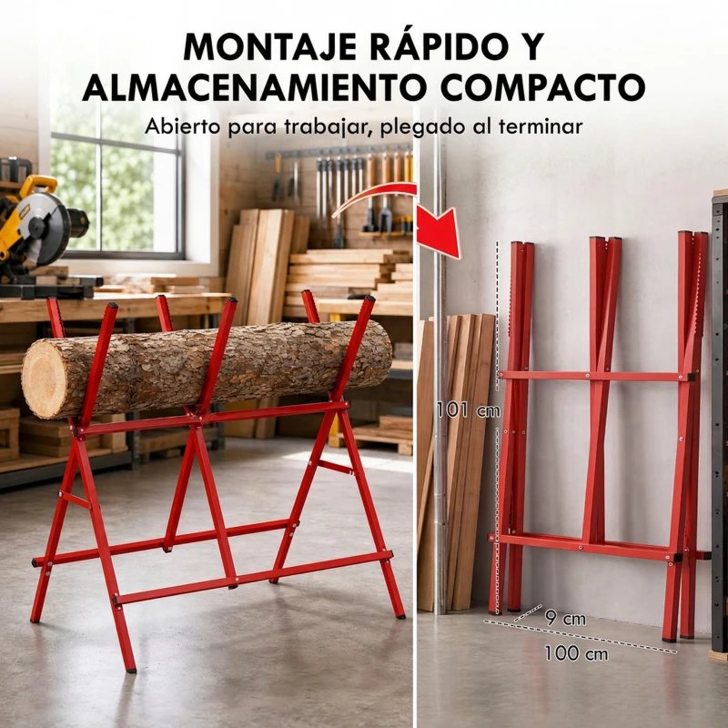 HOMCOM Caballete para Sierra Plegable Soporte Cortar Madera Altura y Ancho Ajustables Estructura en A Soporta hasta 150kg Rojo