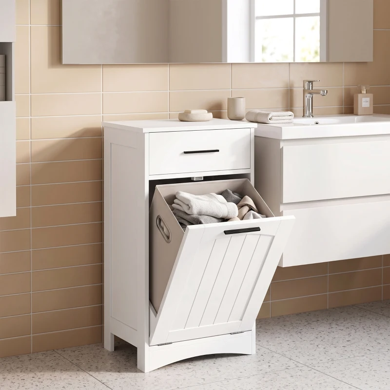 HOMCOM Meuble à Linge avec Tiroir et Compartiment à Rabat, pour Buanderie et Salle de Bain, 42x30x82 cm, Blanc