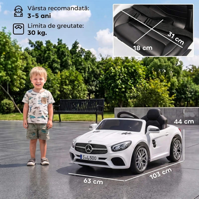 AIYAPLAY Mașină Electrică pentru Copii Mercedes-Benz SL500 12V cu 2 Motoare, Suspensie, Muzică și Telecomandă, Alb