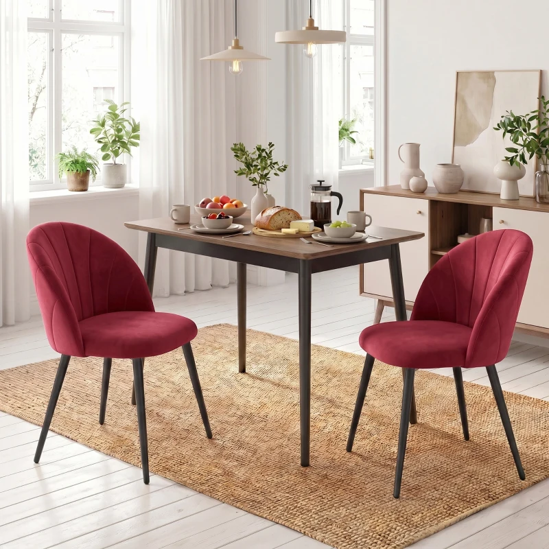 HOMCOM Set 2 Sedie da Pranzo Imbottite con Schienale a Conchiglia in Velluto, 52x55x79 cm, Rosso Vino