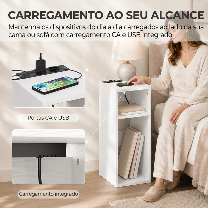HOMCOM Conjunto de 2 Mesas de Apoio com Estação de Carregamento, 2 Tomadas, 2 Portas USB e 2 Espaços Abertos, Branco