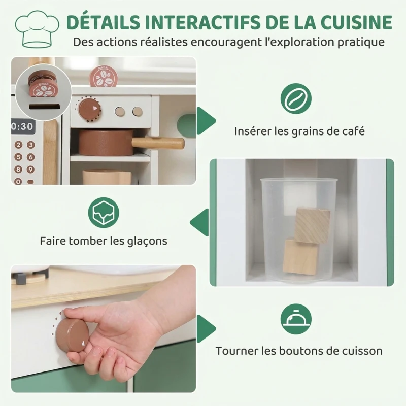 AIYAPLAY Cuisine Enfant en Bois 19 Accessoires, Cafetière, Machine à Glaçons, Micro-Ondes, Placard, 3-6 Ans, 61x27x79,7cm, Vert