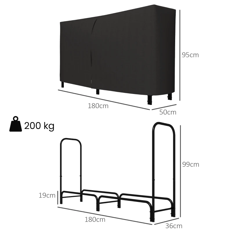 Outsunny Estante de Leña con Funda Oxford 600D de Metal Robusto Ajustable Carga 200 kg para Interior Exterior 180x36x99 cm Negro