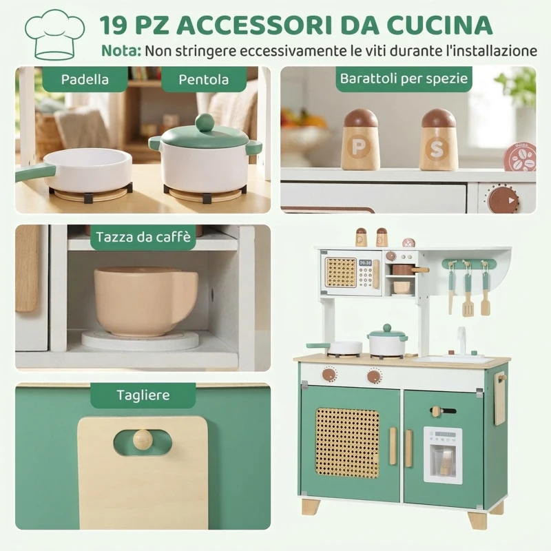 AIYAPLAY Cucina Giocattolo per Bambini in Legno con Accessori, Fornelli, Macchina del Caffè, Armadietto, 3-6 Anni, Verde
