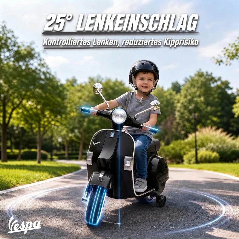 AIYAPLAY Elektryczny motocykl dziecięcy Vespa PX150 12V z akumulatorem litowym 35W 2 silniki 25° ograniczenie skrętu dla dzieci 3-6 lat