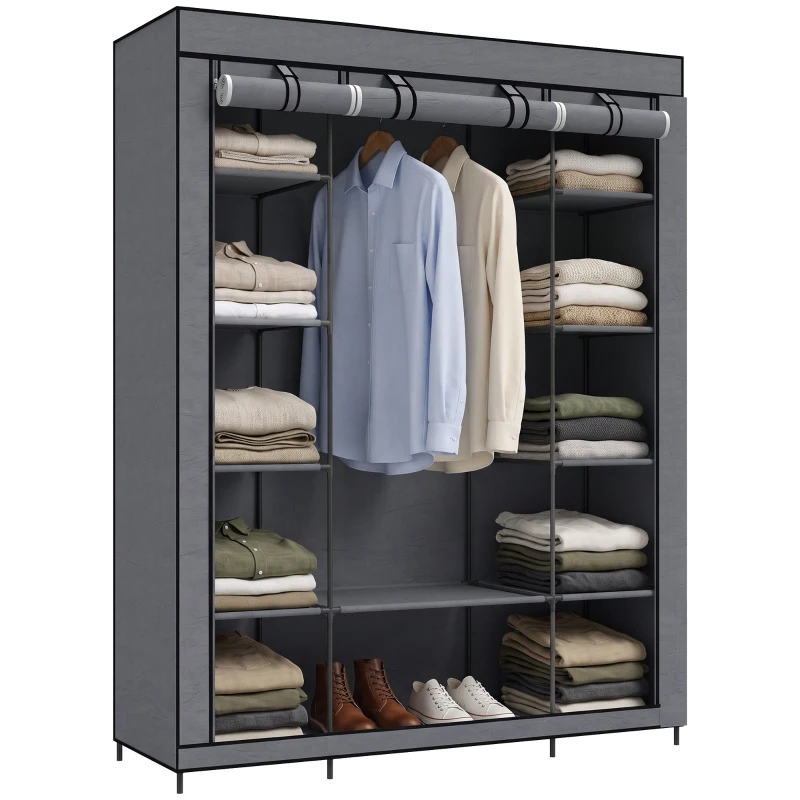 HOMCOM Dulap textil pentru economisirea spațiului, cu bară pentru umerașe și 11 rafturi, 135x45x175 cm, gri, pentru dormitor