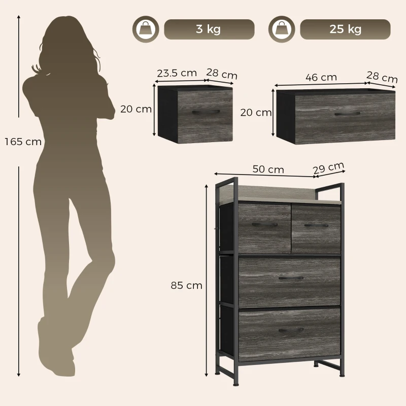 HOMCOM Rustic Chest of Four Fabric Drawers - Grey Wood Effect