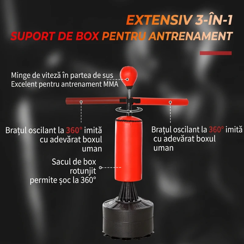 HOMCOM Sac de Box Reglabil pe Înălțime cu Punching Ball și Bază Umplibilă, 88x48x155-205 cm, Roșu și Negru