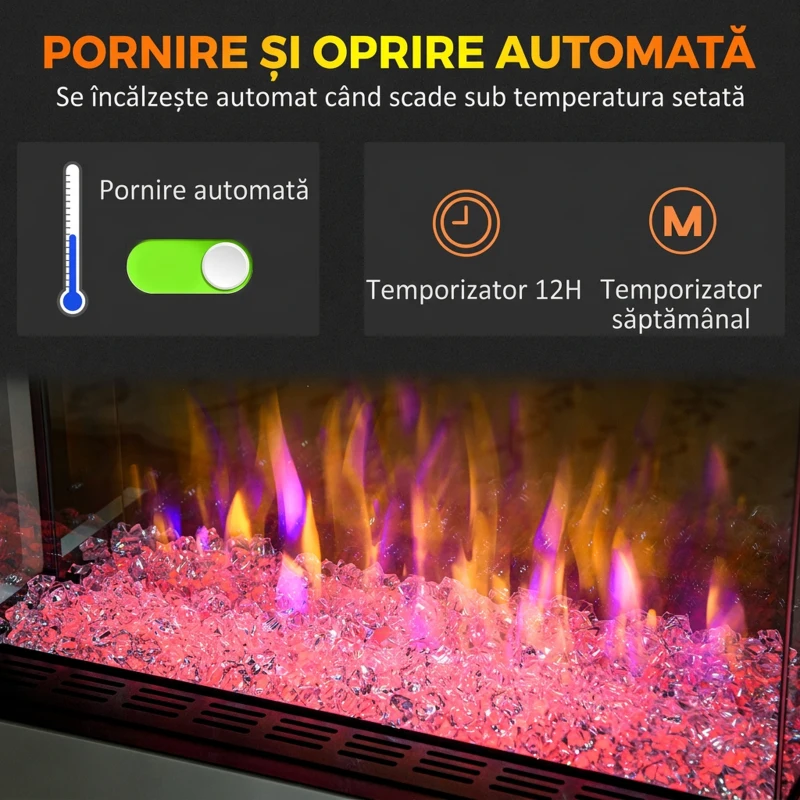 HOMCOM Șemineu Electric cu 10 Culori, Oprire Automată și Timer 12h, 61x28x66.5 cm, Alb
