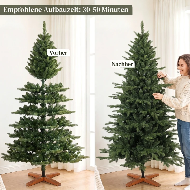 HOMCOM Kunstkerstboom 180 cm met inklapbare houten standaard, 1438 takpunten, groen