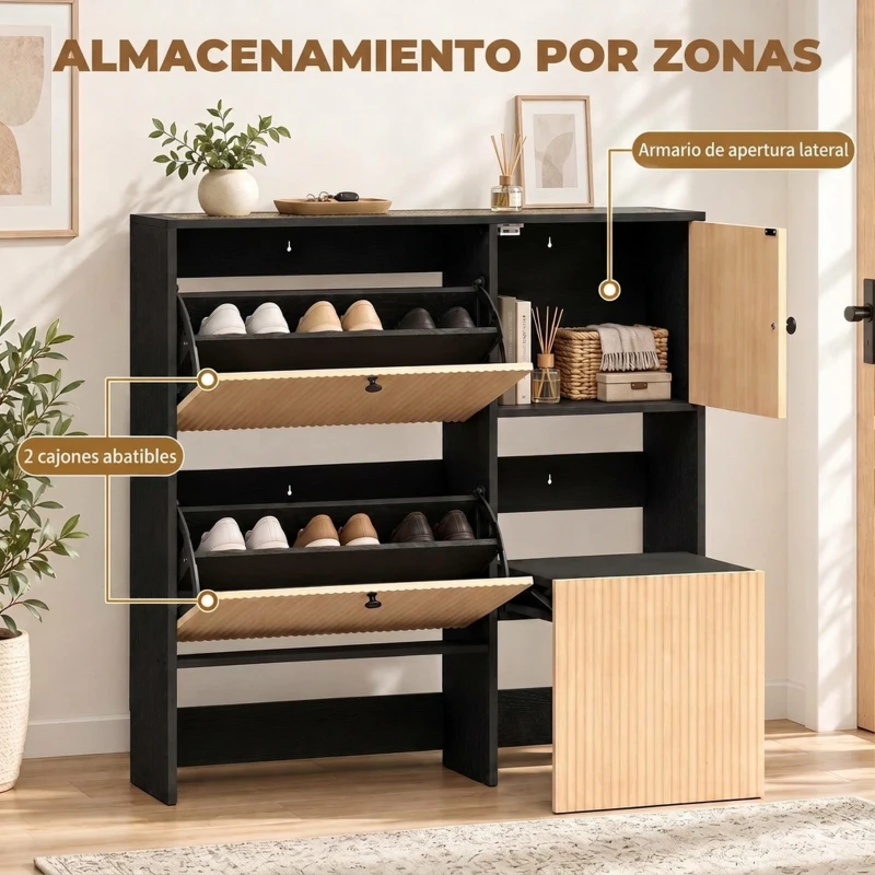 HOMCOM Zapatero Estrecho con 2 Cajones Abatibles Armario Taburete Oculto Estantes Ajustables 8-10 Pares 100x23,8x100 cm Roble