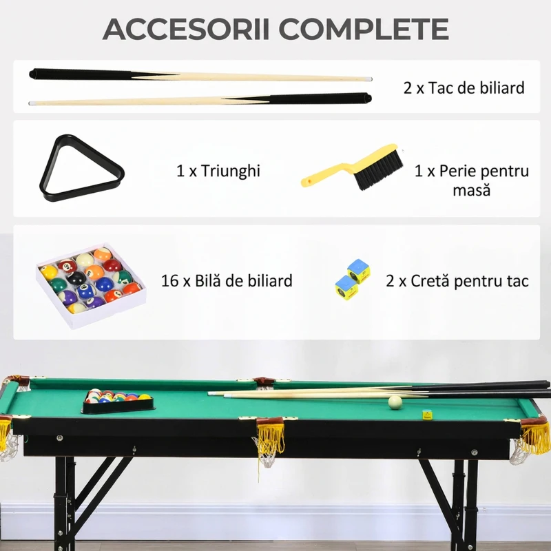 SPORTNOW Masă de biliard cu înălțime reglabilă și accesorii, din MDF și oțel, 140x63x55-75 cm, verde