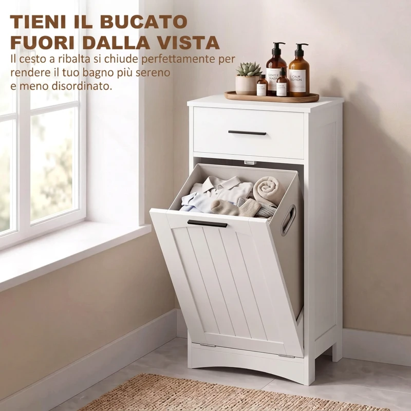 HOMCOM Mobile Portabiancheria con Cassetto e Scomparto a Ribalta, per Lavanderia e Bagno, 42x30x82 cm, Bianco