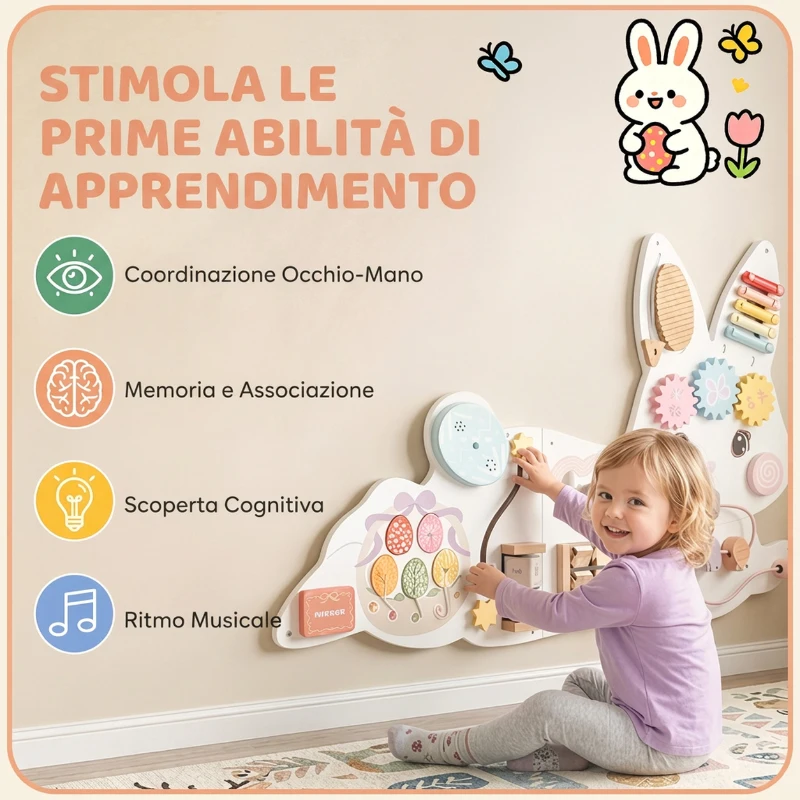 AIYAPLAY Busy Board Montessori in Legno da Parete per Bambini 1.5-6 Anni a Tema Coniglietto Pasquale, Bianco