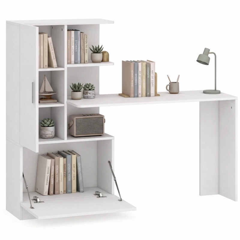 HOMCOM Birou pentru calculator cu bibliotecă și dulap, 150 cm, alb