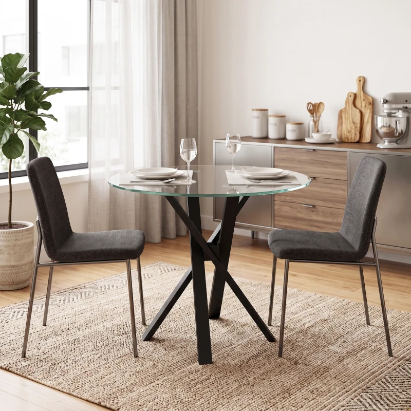 HOMCOM Mesa de Comedor Redonda para 4 Personas Ø80 cm Tablero de Vidrio Templado Patas Cruzadas de Acero Transparente